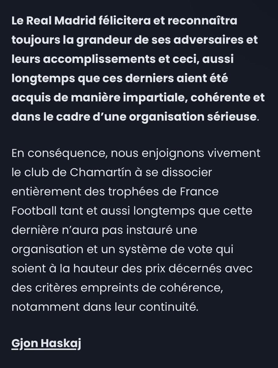 Je crois que la doxa n’a pas bien pris la mesure de ce qu’il s’est produit l’année passée 

Il est absolument logique que le Real Madrid se dissocie de la cérémonie de France Football tant que cette dernière n’aura pas récupéré un semblant de sérieux 

lejournaldureal.fr/2024/10/30/bal…