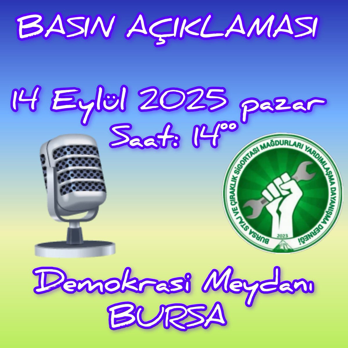 14 Eylül Pazar günü BURSA Demokrasi Meydanı Saat 14
Bütün Stajyer ve Çıraklik Magdurlari Alanda susmayacak 
Haklı mücadelesine devam edecek 
<a href="/Akparti/">AK Parti</a>
<a href="/MHP_Bilgi/">MHP</a>
<a href="/herkesicinCHP/">CHP 🇹🇷</a>
<a href="/iyiparti/">İYİ Parti</a>
<a href="/anahtarparti/">Anahtar Parti</a>

Stajyer çırağın ahını almayın.

Adaletli Olun
#StajyerÇırağınAhınıAlmayın