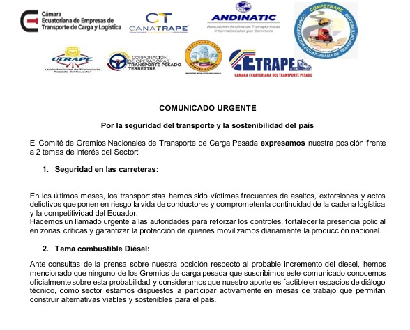 #Comunicado 
Los gremios de transporte pesado alzamos la voz por la seguridad en las carreteras y frente al tema del diésel.
Reafirmamos nuestro compromiso con la producción y la sostenibilidad del país.
#TRANSPORTEPESADO #SeguridadVial #UnidadGremial
<a href="/Presidencia_Ec/">Presidencia Ecuador 🇪🇨</a>