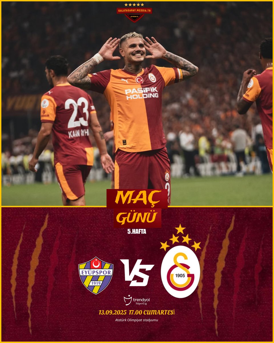 #BugünGünlerdenGALATASARAY 💪

🏆 Trendyol Süper Lig 5.Hafta
⚽ Eyüpspor
📆 13.09.2025
⏰ 17.00
🏟️ Atatürk olimpiyat stadyumu 

#EYPvGS #süperlig #HEDEF2026