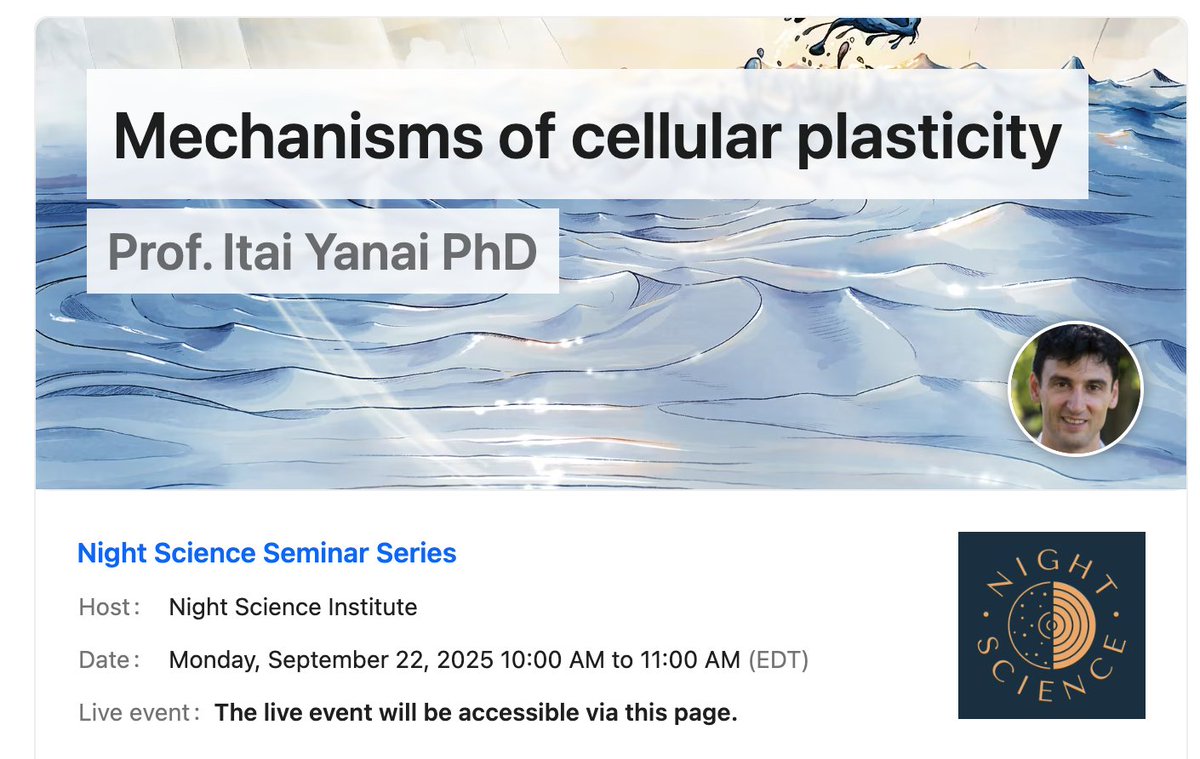 ItaiYanai's tweet image. Interested in cellular plasticity? Come to my live virtual talk at the Night Science Seminar Series! Free register here: cassyni.com/events/ApfsK82…