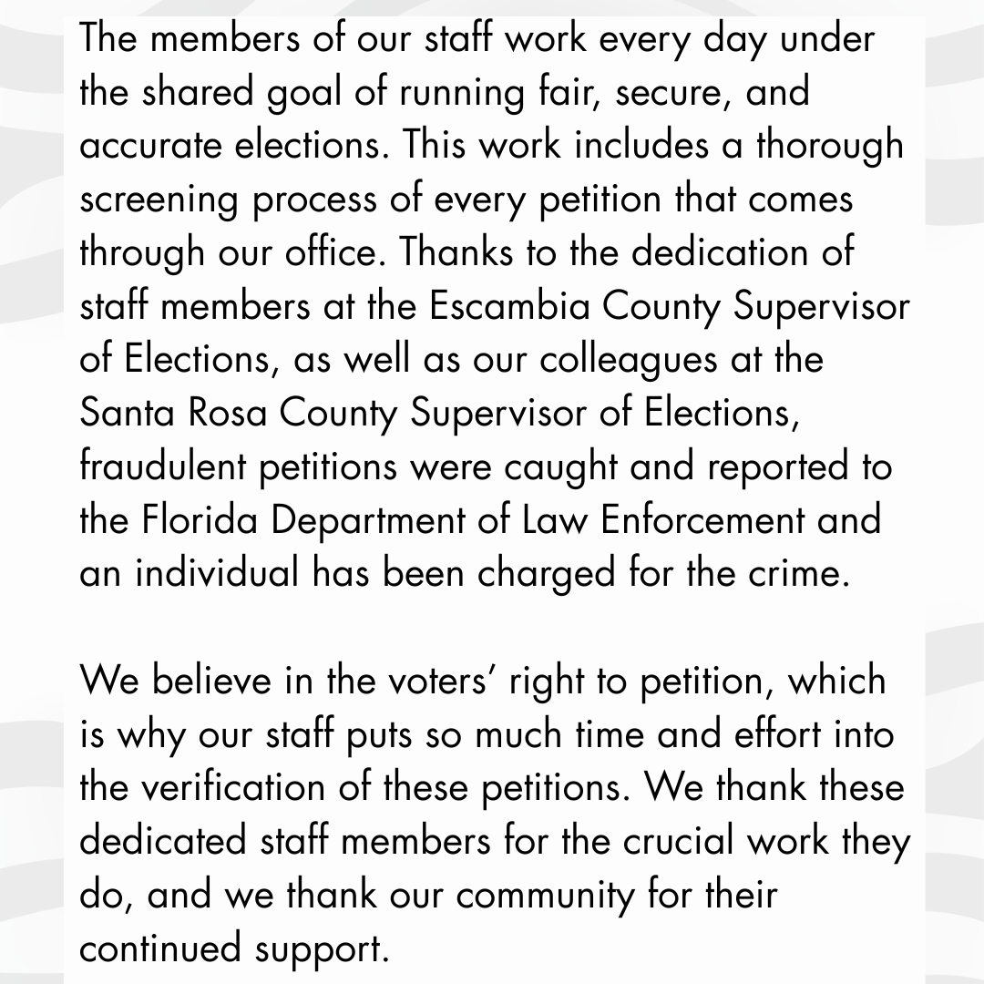 We believe in the voters’ right to petition, which is why our staff puts so much time and effort into the verification of these petitions. We thank these dedicated staff members for the crucial work they do, and we thank our community for their continued support.