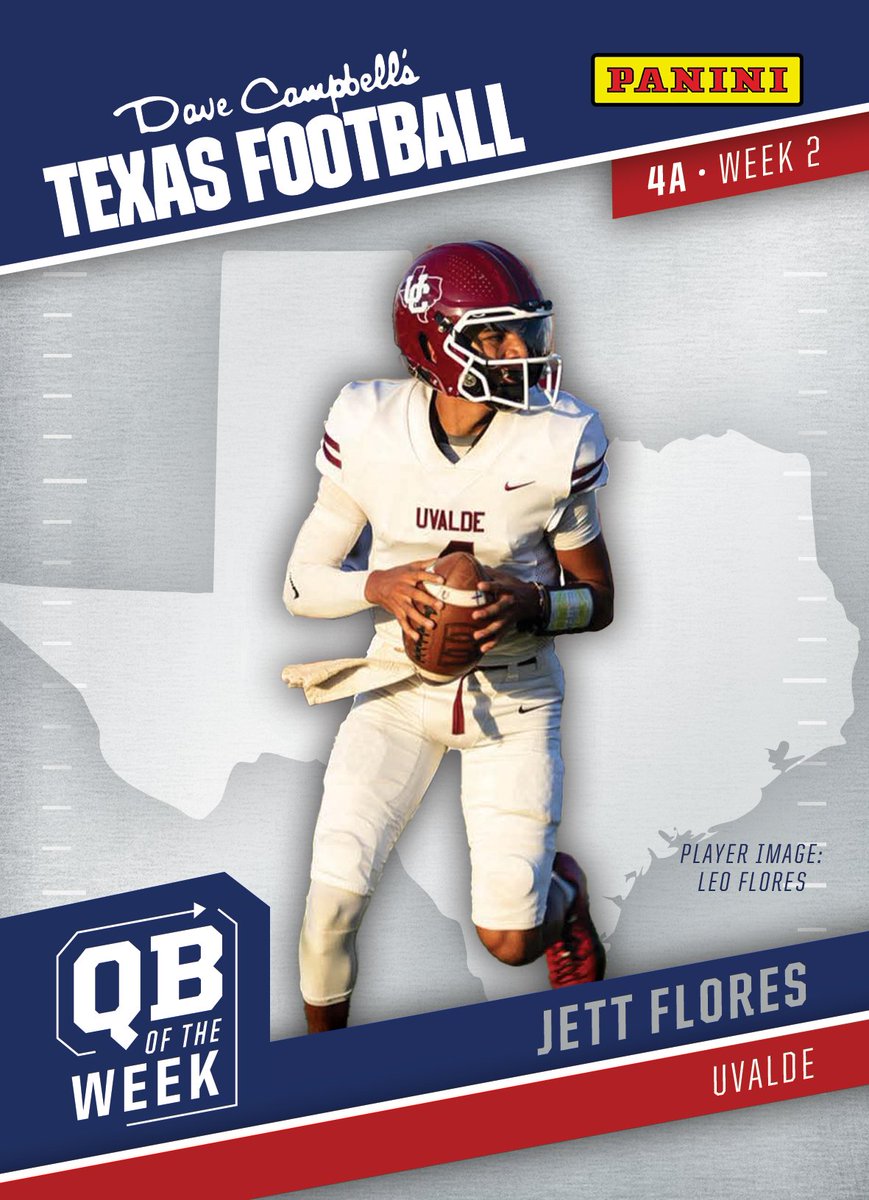 Introducing our Week 2 #TXHSFB 4A Quarterback of the Week presented by <a href="/PaniniAmerica/">Panini America</a>: Jett Flores from the Uvalde Coyotes!

<a href="/jettflores10/">jett flores</a> | <a href="/Uvalde_CISD/">Uvalde CISD</a> | <a href="/FlipDiggy/">Wade Miller</a> | #dctf #whodoyoucollect 

📸: Leo Flores