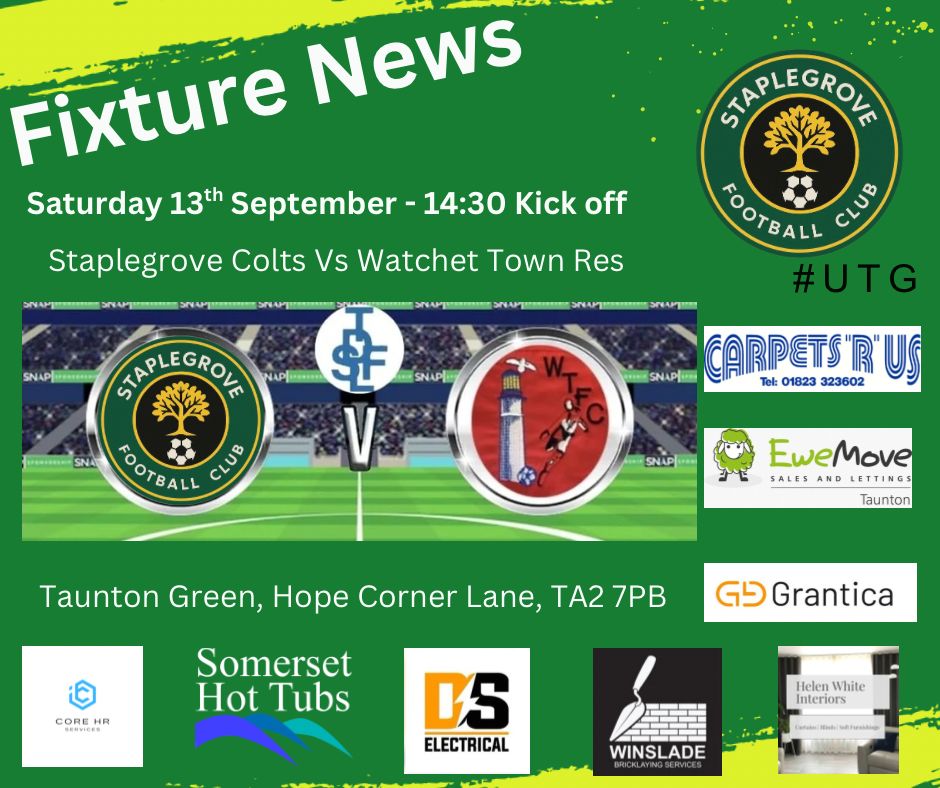 ⚽️ SOCCER SATURDAY! ⚽️

Looking to build on their impressive win on their debut in TDSFL Division 2, our Colts host <a href="/watchettownfc/">Watchet Town F.C</a> Reserves tomorrow! 

📍 Taunton Green, TA2 7PB
⏰️ 14:30pm Kick Off ⏰️

Come Support! 🔥

⚽️💚💛

#UTG #SoccerSaturday