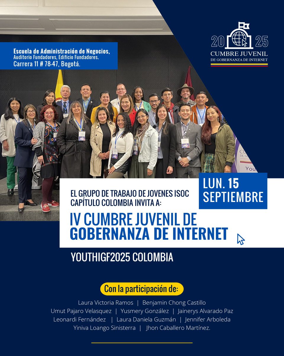 ISOCcolombia's tweet photo. ¿Eres joven y te apasiona el futuro de Internet? 

Inscríbete en la Cumbre Juvenil de Gobernanza de Internet #YouthIGFColombia 🇨🇴. Un espacio para debatir sobre IA, derechos digitales y más.

¡Sé parte de la conversación! 👉 https://t.co/CD115VdMcW https://t.co/bxiYjZ4mxl