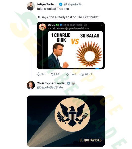 Felipe Tadeu with a profile picture and username @Felipe_Tadeu. A tweet screenshot showing 1 Charlie Kirk versus 30 bullets, with text "na primeira ele já perdeu o debate" and emojis. Christopher Landau with a profile picture and username @DeputySecState. A logo of an eagle with the text "EL QUITAVISAS" below it.