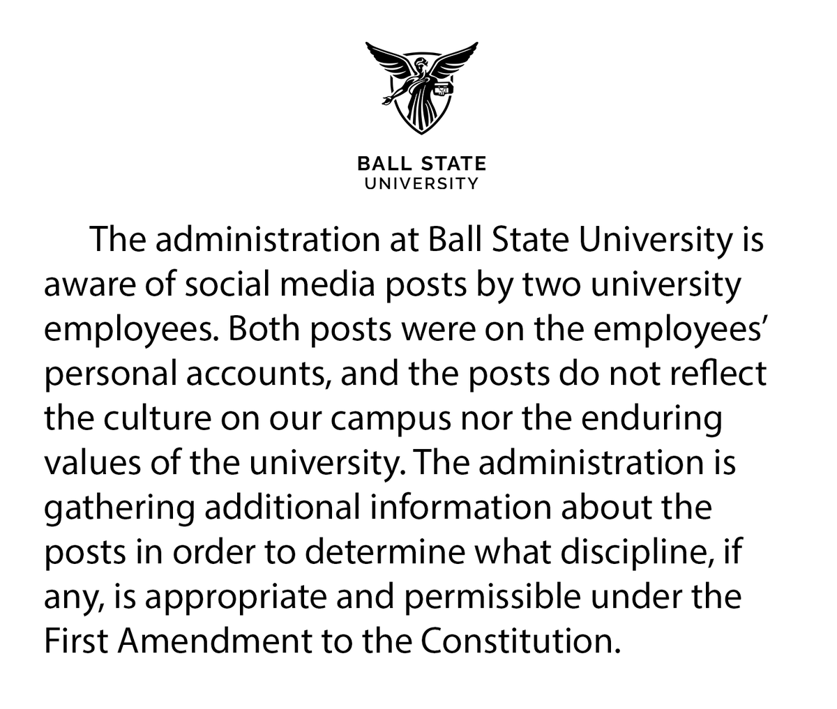 BallState's tweet photo. A Ball State University statement: https://t.co/i1pM1OH2el