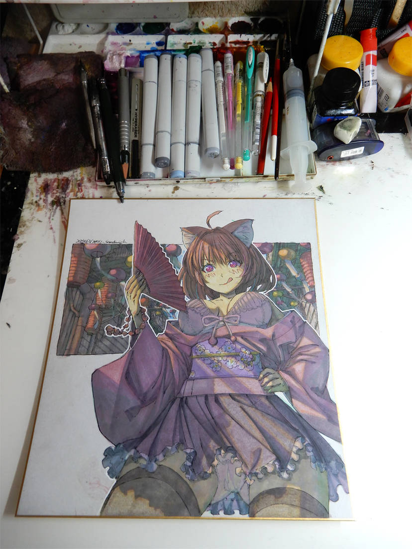 【固定用】 透明感やぼかしなど、水彩の利点を全然生かさない水彩の絵を描いています。今まではほとんどランダムに描いていましたが、最近になって固定のキャラを生かした絵を描くようになりました。ペンタッチも変わっています。
 #水彩  #色紙 #原画 #アナログ #狐娘 