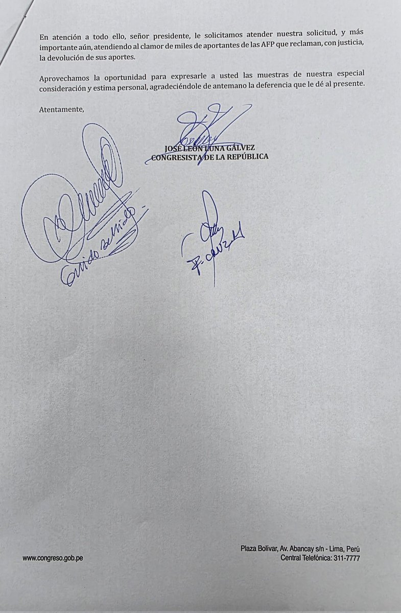 Acabo de firmar una moción de priorización para el debate sobre el retiro de los 4 UITs en la comisiónde Economía. Este documento será firmado por todos los autores de proyectos de retiro de AFP y, en la próxima sesión de la Comisión de Economía, estaremos todos presentes, como