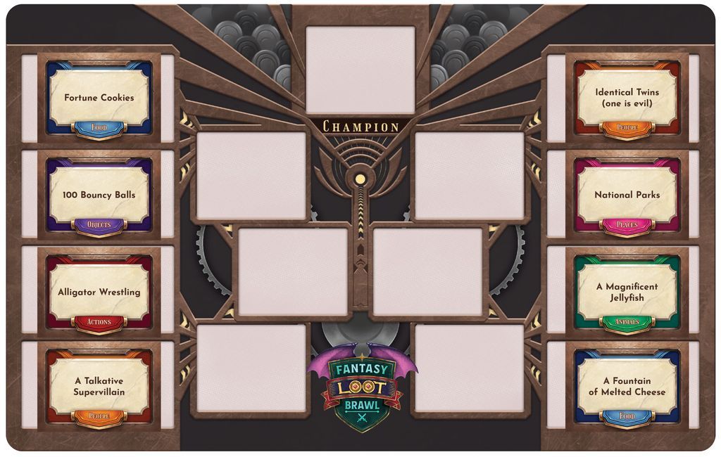 So you see this bracket of awesome stuff - who is winning it all? 

We're partial to the Fountain of Melted Cheese winning the whole tournament, heh.

You can turn ANYTHING into a bracket, fantasy draft, and more with Fantasy Loot Brawl, our next game release!

#tabletopgaming