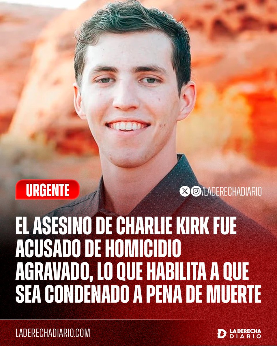 🚨🇺🇸 | #URGENTE El asesino de Charlie Kirk, Tyler Robinson, fue acusado de homicidio agravado, una pena que habilita la pena capital en el Estado de Utah: La fiscalía ya pidió la pena de muerte.