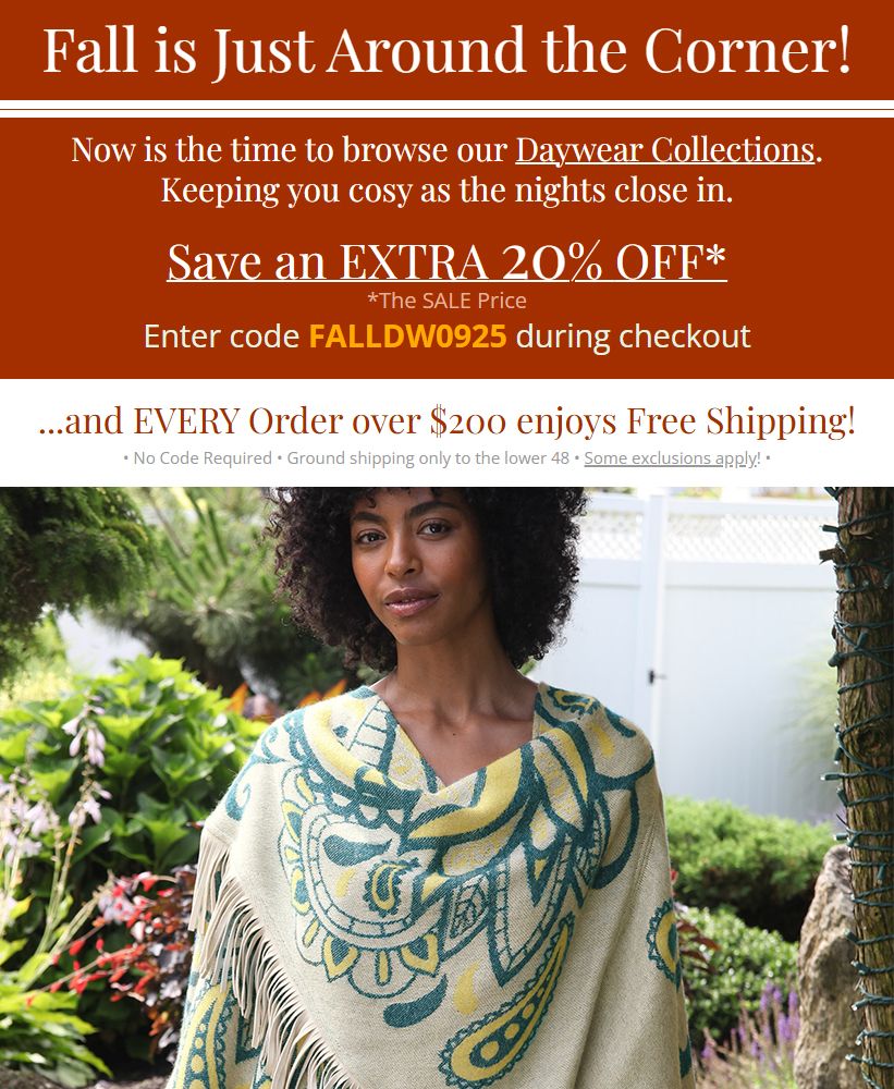 🍂 Save on Our Daywear Collections
🍂 Extra 20% Off Sale price
🍂 + Free Shipping on Orders Over $200
🍂 Use Coupon Code FALLDW0925 during checkout
🍂 Shop Now, ends midnight Sunday!
🍂 schweitzerlinen.com/daywear