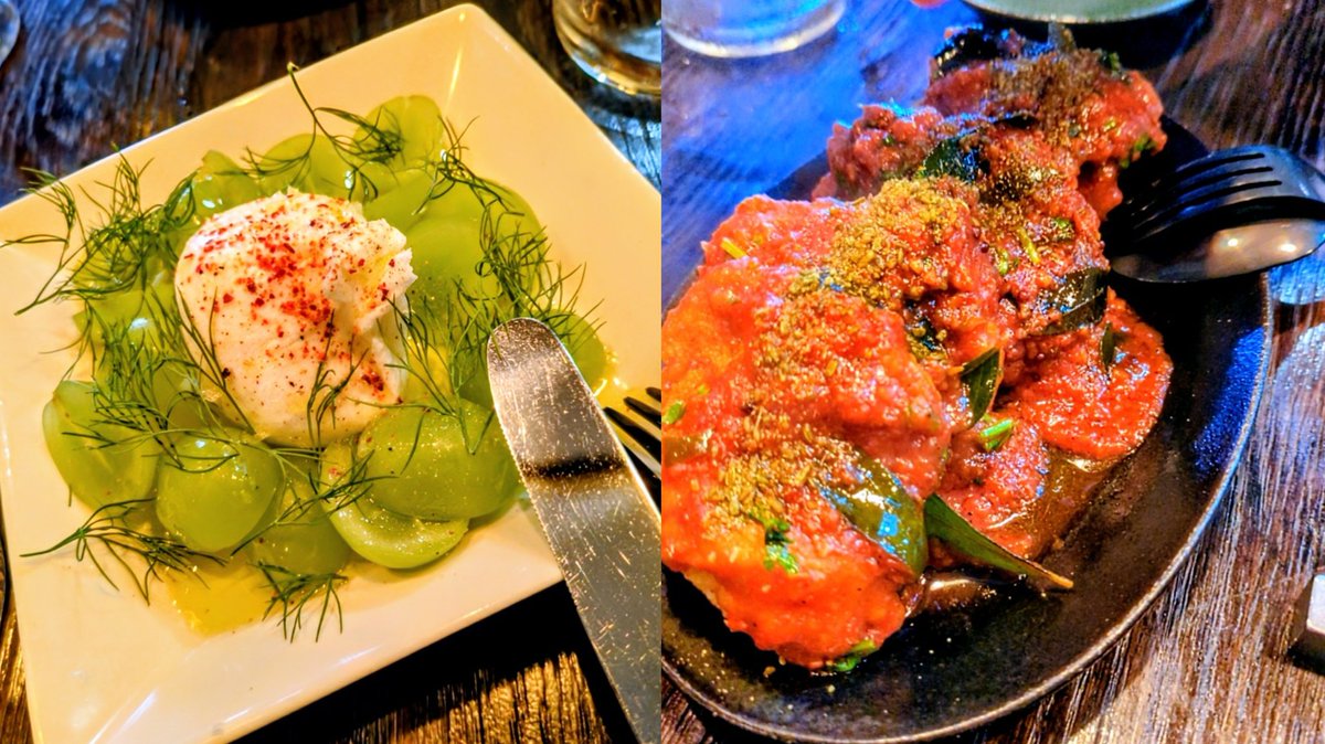 BhelPuri＠下北沢
・ルッコラとクレソンのジェノベーゼ
・合鴨 九条葱 ミントのハーブサラダ
・ブッラータチーズ
・南インドスパイシー唐揚げ
カレーの名店カルパシ系列でナチュラルワインとスパイス料理の店🍷多国籍なエッセンスで織り成された料理とワインのペアリングを堪能