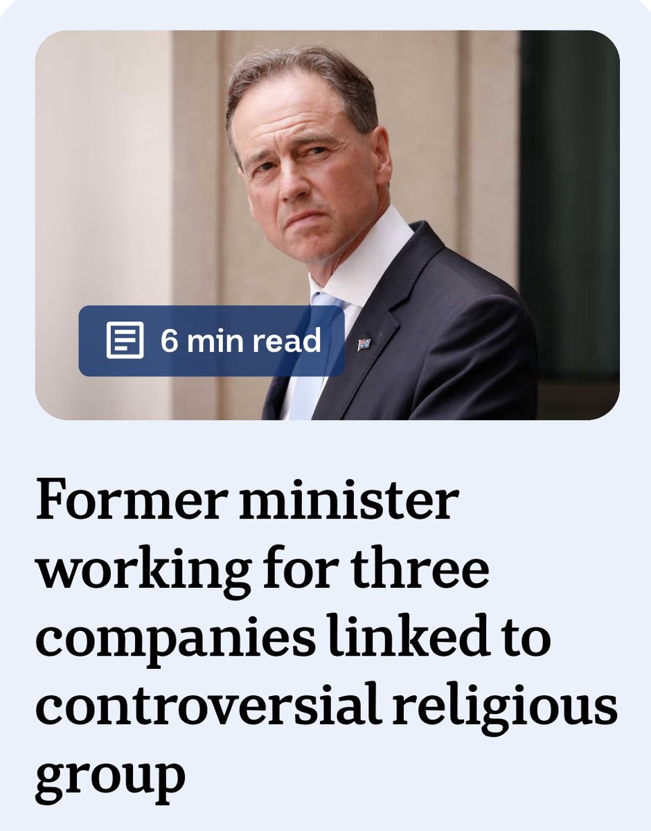 BenPennings's tweet photo. Within months of leaving parliament, former Coalition health minister Greg Hunt started working for a Plymouth Brethren-linked company whose owners won $135 million in government contracts for COVID supplies 🙄

https://t.co/2a8aofh5Y0 https://t.co/8B1wX2mDKu
