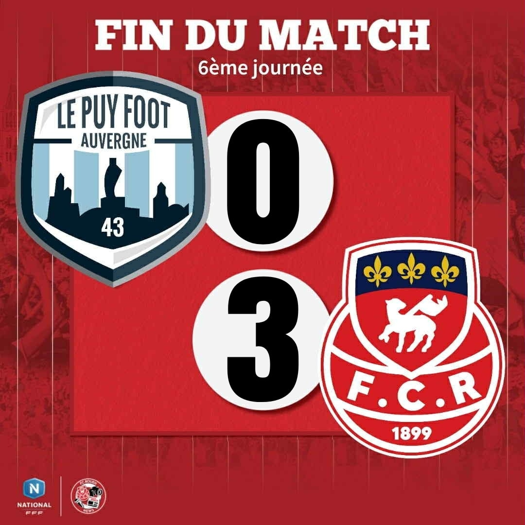 🚨 𝟵𝟬' 𝗙𝗶𝗻 𝗱𝘂 𝗺𝗮𝘁𝗰𝗵 : Le Puy 0-3 FC Rouen. 𝗟𝗲𝘀 𝗗𝗶𝗮𝗯𝗹𝗲𝘀 𝗥𝗼𝘂𝗴𝗲𝘀 𝘀'𝗶𝗺𝗽𝗼𝘀𝗲𝗻𝘁.⏳🔴⚪

⏯ Les rouennais se relancent avec la manière face aux auvergnats.

🎯 Ba-Sy
🎯 Seydi
🎯 Rocha (sp)

🔜 Orléans

#TeamFCR #Rouen #Normandie #NationalFFF