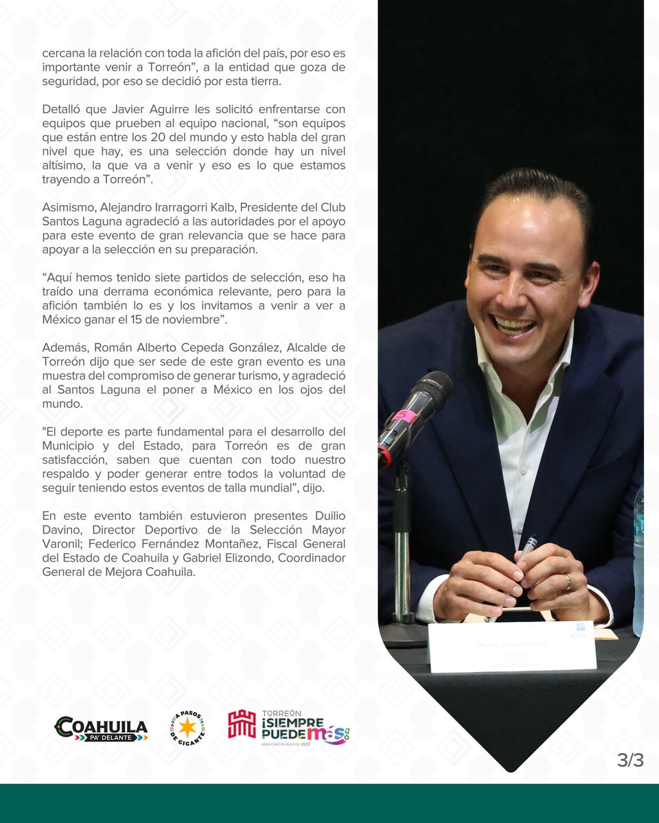 Presentan juego entre la Selección Mexicana y Uruguay en Coahuila.

#CoahuilaPaDelante #APasosDeGigante
<a href="/manolojim/">Manolo Jiménez Salinas</a> 
<a href="/MunicipioTRC/">Municipio de Torreón</a>