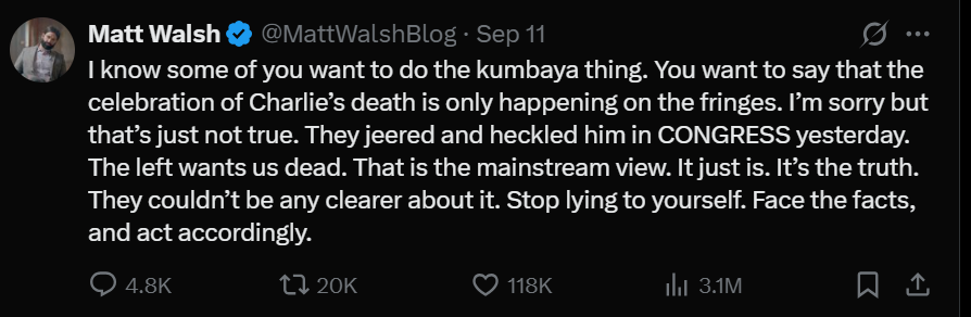darrellstetler2's tweet photo. Conservatives, we have a problem. This post has 118k likes and 20k retweets, and it's a boldfaced lie designed to make you unable to do what Charlie did: 

Go speak to the left and attempt to persuade them.