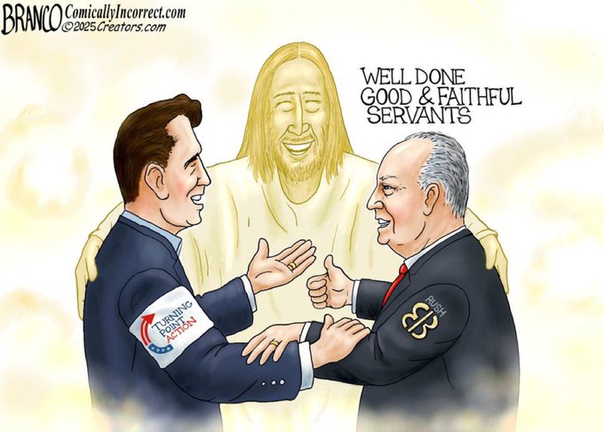Charlie Kirk and Rush Limbaugh shaking hands, smiling, with Jesus in the background, depicted as a glowing figure. Charlie Kirk wears a blue suit with a 