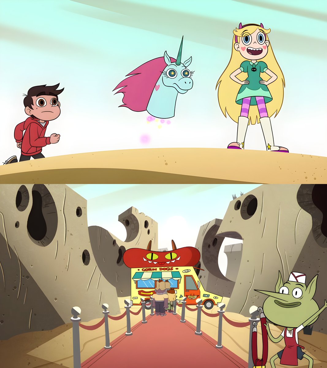 Jr_GKev_THLs_HQ's tweet photo. 9 years ago, "Goblin Dogs/By The Book" debuted on #DisneyXD. Yeah, hot dogs over goblin ones. Wand teaching, Glossaryck's strangeness, movie theater, even a Ludo encounter. Something felt off about the... "green eyes."🤨🤔
#StarVsTheForcesOfEvil #SVTFOE #StarButterfly #MarocDiaz https://t.co/KzR23kHE9j