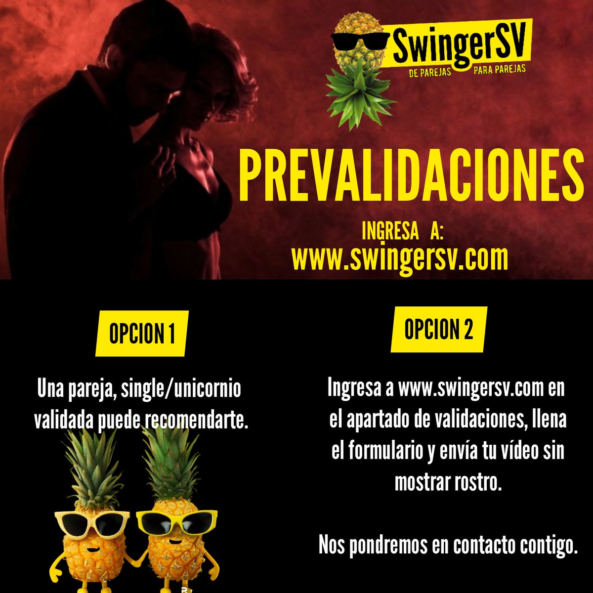 Swinger_SV's tweet photo. 🔐 En #SwingerSV buscamos tu seguridad y discreción como la nuestra.

Para asistir a nuestras fiestas debes ser recomendado o iniciar tu proceso de validación en 👉 https://t.co/NVc9LGO3Bi

#SwingerSV #Validaciones #ParejasReales https://t.co/ogcW3UHyDC