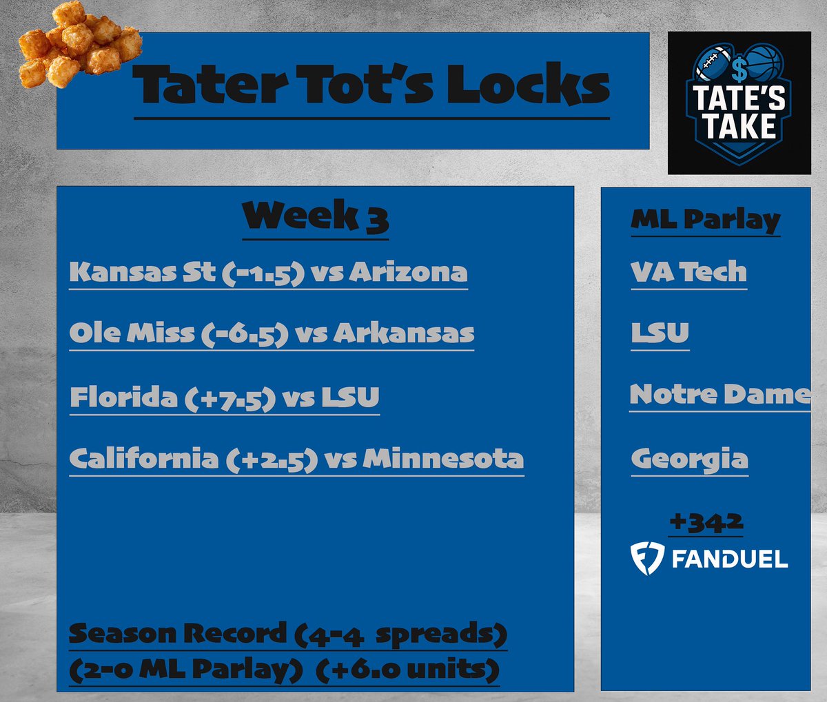 tates_take's tweet photo. Week 3 of the 🥔🔒💰 are live🫳🎤 https://t.co/6IJyROnuiW