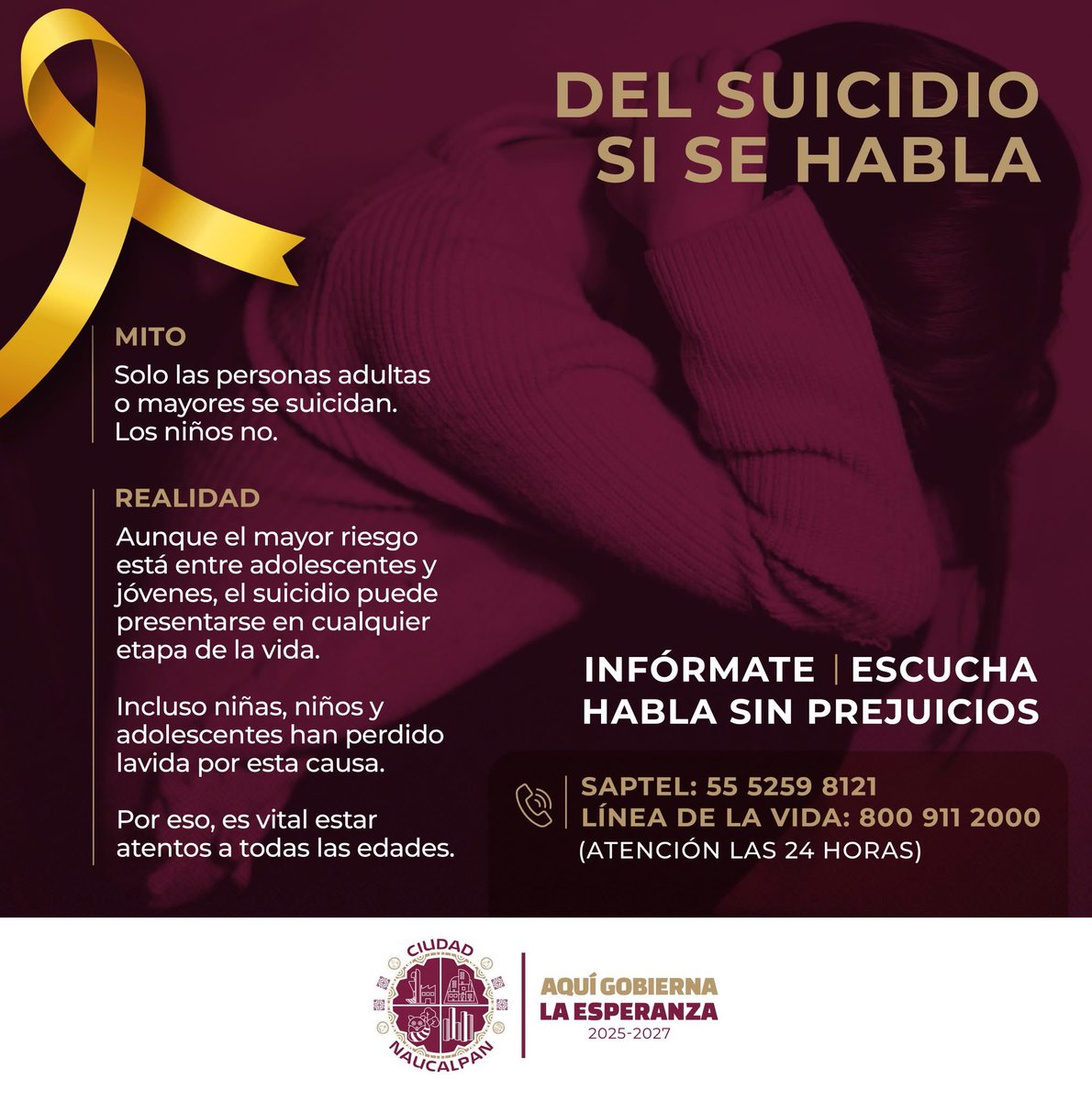 Del suicidio sí se habla🎗️

Es crucial hablar sin prejuicios y estar atentos a todas las edades.

Dale a tu vida una esperanza.
Línea de la Vida 800 911 2000 – Disponible 24/7.

Línea SAPTEL: (55) 5259-8121.
#Naucalpan #PrevenirEsCuidar