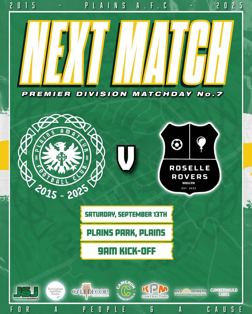 ⚽️ NEXT MATCH TOMORROW ⚽️‼️

🟢⚪️🟡 PLAINS v Roselle Rovers ⚫️🟡⚫️

🏆 <a href="/OfficialSMAFA/">SMAFA</a> PREMIER DIVISION MATCHDAY 7

📍 PLAINS PARK, PLAINS 

⏱ 9AM KICK-OFF

🟢⚪️🟡 𝙐𝙋 𝙏𝙃𝙀 𝙋𝙇𝘼𝙄𝙉𝙎 🟡⚪️🟢

#Plains #Lanarkshire #ScottishAmateurFootball #ScottishFootball
