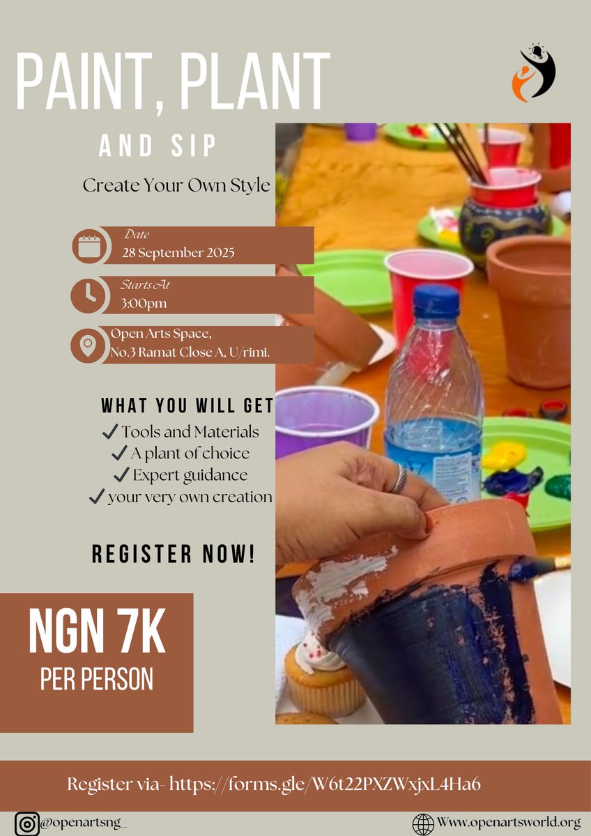 OpenArts_'s tweet image. 🎨🌱 Paint, Plant &amp;amp; Sip at Open Arts Space! 🍷🪴
Sept 28 | 7,000 NGN

✨ Paint your own plant pot
🌿 Pick &amp;amp; plant a green friend
🍷 Sip, vibe, &amp;amp; unwind

📍 Open Arts Space
🔗 Register: forms.gle/W6t22PXZWxjxL4…
Spots are limited, let your creativity bloom! 💫
#openart 
#paintandsip