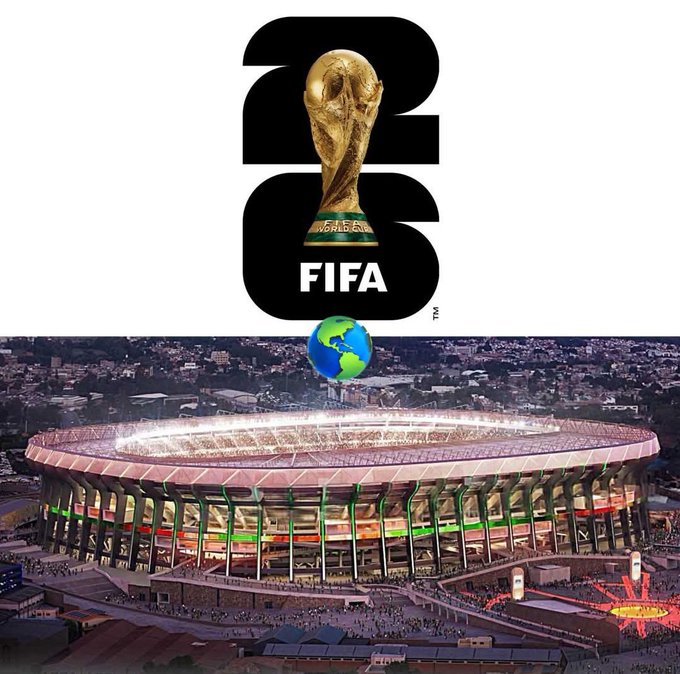 A logo with the FIFA World Cup trophy above the text "FIFA 26" and a globe below the trophy. Below the logo, an aerial view of a large stadium with a circular design, illuminated lights, and surrounding structures.
