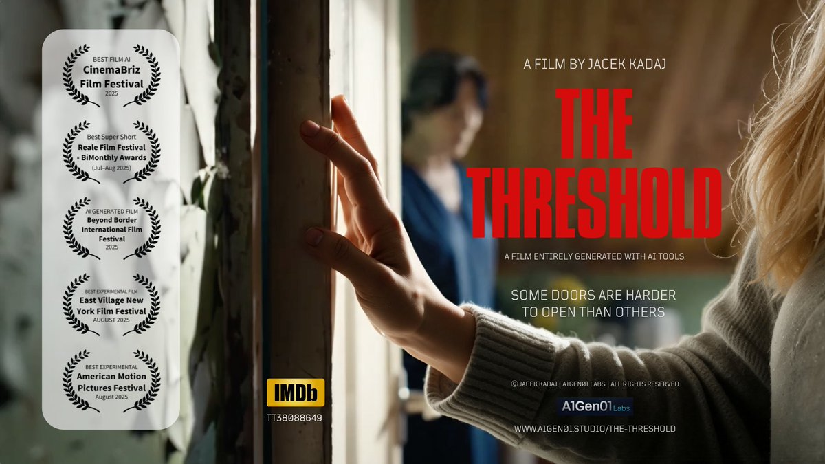 Happy to share that my short AI-generated film The Threshold won multiple international awards this August, including in traditional Short Film categories, and was screened on big cinema screens worldwide
🎵 Original soundtrack on Spotify: bit.ly/4m7CpdH
#AiFilm