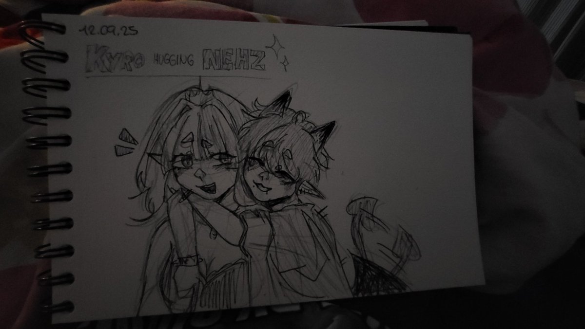 A drawing of my OC Kyro giving <a href="/zleepynehz/">Nehz 💤☁️</a> a big ol' hug! #Zleepynehz #art #artist #traditionalart #sketch #sketchbook #sketchbookdrawing #oc #ocdrawing #pen #pencil #elfcatgirlprincessfallingfromthesky #elfgirl #catgirl #princess #incubus #fyppppppppppppppppppppppppppppppppppppp