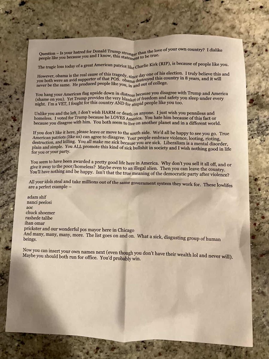 My friend's parents in Schaumburg Illinois just got this in their mailbox...

Trump supporters are true cowards.

#charliekirk #waskilledbyafuckingnazichild