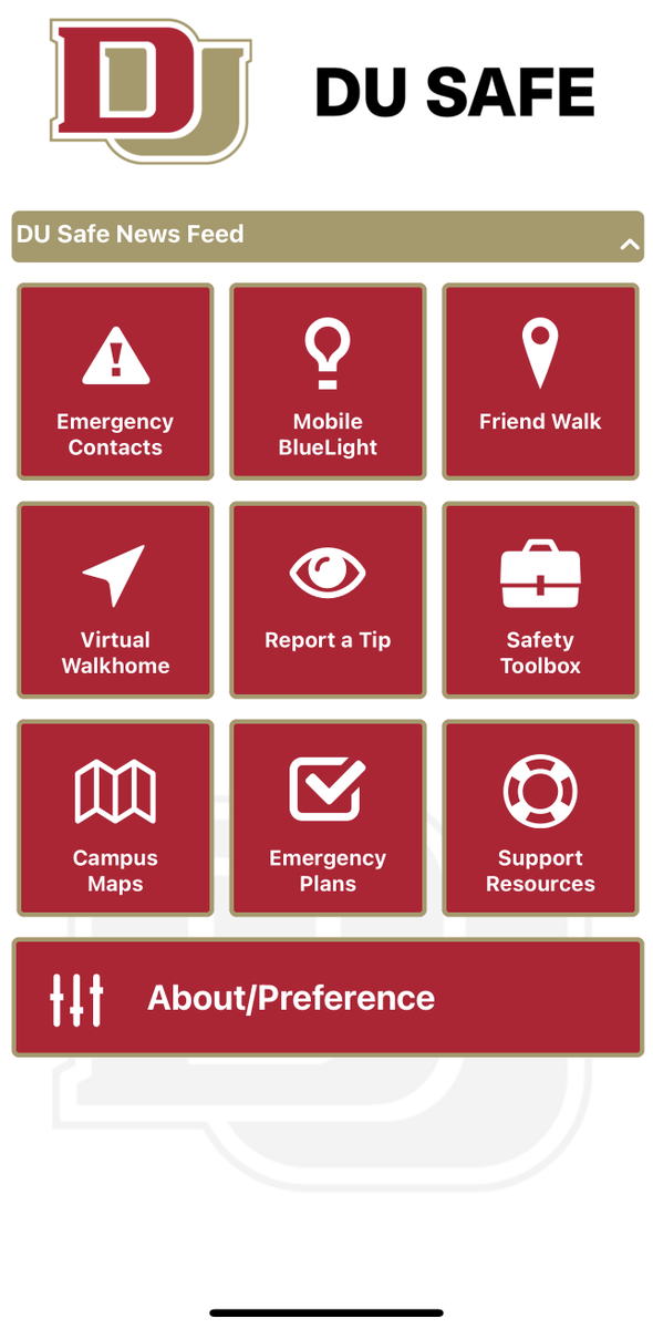 Spotlight: DU Safe App

The DU Safe App provides a fast and easy way for students to access safety resources on campus! We recommend that students keep this app downloaded and on their home screen for quick accessibility. 

App available on Apple and Android