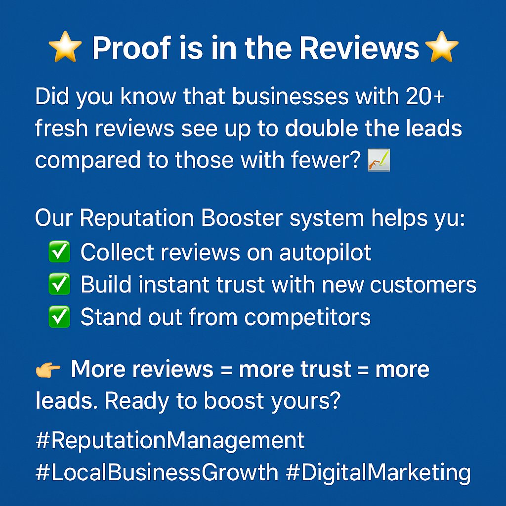 rephard's tweet image. ⭐ Proof is in the Reviews ⭐
Businesses with 20+ fresh reviews can double their leads! Our Reputation Booster helps you collect reviews, build trust, and outshine competitors. Ready to boost yours?

#ReputationBoost #LeadGeneration