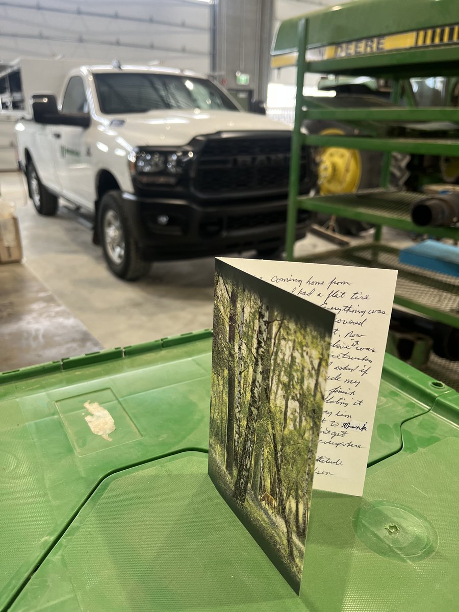 A shout-out to the Rosetown Service Department:
We received this thank-you card recently from a kind gentlemen expressing gratitude to a Service Technician. He shared that he had gotten a flat tire on the side of Highway 4 near #Rosetown, and noticed his spare was also flat. He