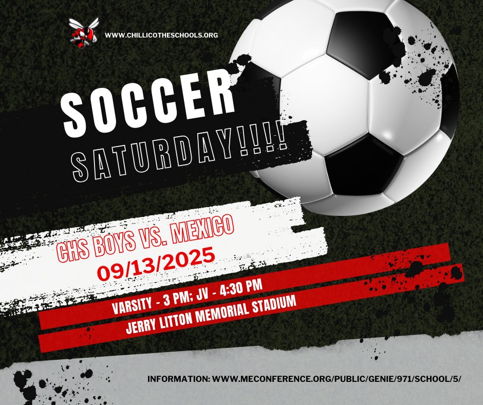 ⚽️📣 Match alert! The CHS Boys Soccer team will be in action tomorrow, Saturday, as they host Mexico at the Jerry Litton Memorial Stadium! 🖤❤️ The Varsity game kicks off at 3 PM, followed by the JV game at 4:30 PM. Come out and support our Hornets!  🐝 #Soccer #HornetPride