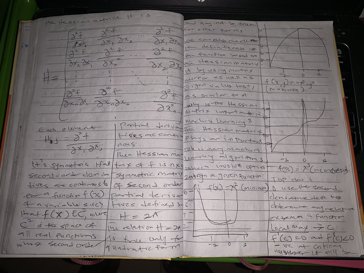 PromiseNwankw14's tweet image. 📘 Day 27: AI/ML Journey
🔹 Math → Hessian Matrix = 2nd-order partial derivatives
🔹 Second Derivative Test → tells if a point is min, max, or saddle
Critical for optimization in ML 🚀
#AI #MachineLearning #MathForAI #Optimization #MumInTech
