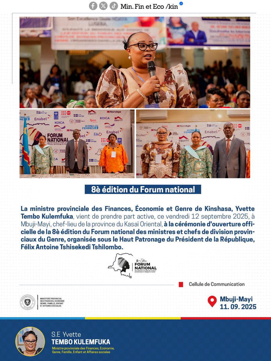 La cérémonie d’ouverture officielle de la 8ème édition du Forum National des Ministères et chefs de division provinciaux du Genre. 
#femme #Vbg #kinshasa <a href="/GenreRDC/">Ministère du Genre Famille et Enfant</a> <a href="/MichelineOmbae/">Micheline OMBAE</a>