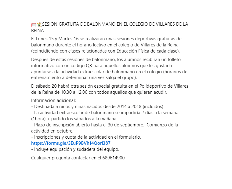 ampavillares's tweet photo. 🤾SESION GRATUITA DE BALONMANO.
El Lunes 15 y Martes 16 se realizaran unas sesiones deportivas gratuitas de balonmano durante el horario lectivo en el colegio de Villares de la Reina.

Inscripciones https://t.co/bgSkxD80tC

Cualquier pregunta contactar en el 689614900 https://t.co/YmGxVvK2Yv