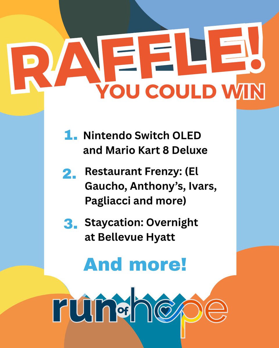 Get your raffle tickets at the Run of Hope!  Tickets are $5 - cash or card accepted. Come early to get your tickets. Winners will be drawn at the end of the race.