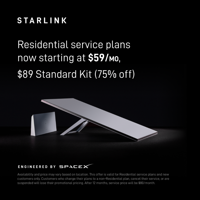 Starlink's tweet photo. Starlink provides reliable, high-speed internet for streaming, video calls, online gaming and more.

$59/mo for the first year of Residential Lite service in select areas.

Easy to order online in under 2 minutes