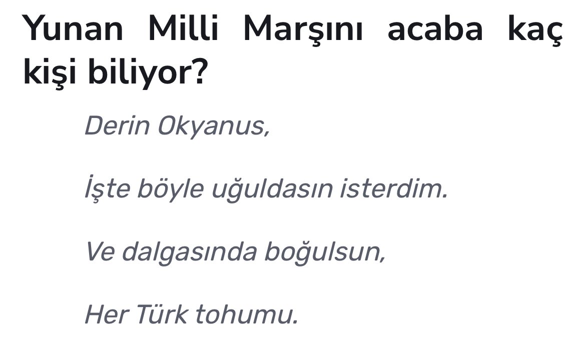 O esnada Yunan milli marşı sözleri.

Sizin gibi efendilerine yaranmaya çalışan ev kölelerine rağmen biz alttan almayacağız her şeyi