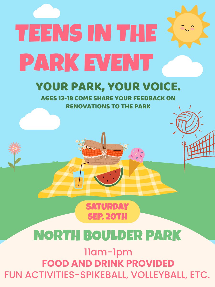 🌳 Teens of Boulder! Join us Sept 20, 11–1 at North Boulder Park for Teens in the Park 🎤 Share your voice, enjoy free food, &amp; fun activities. Created &amp; led by teens! 🙌 #TeensInThePark