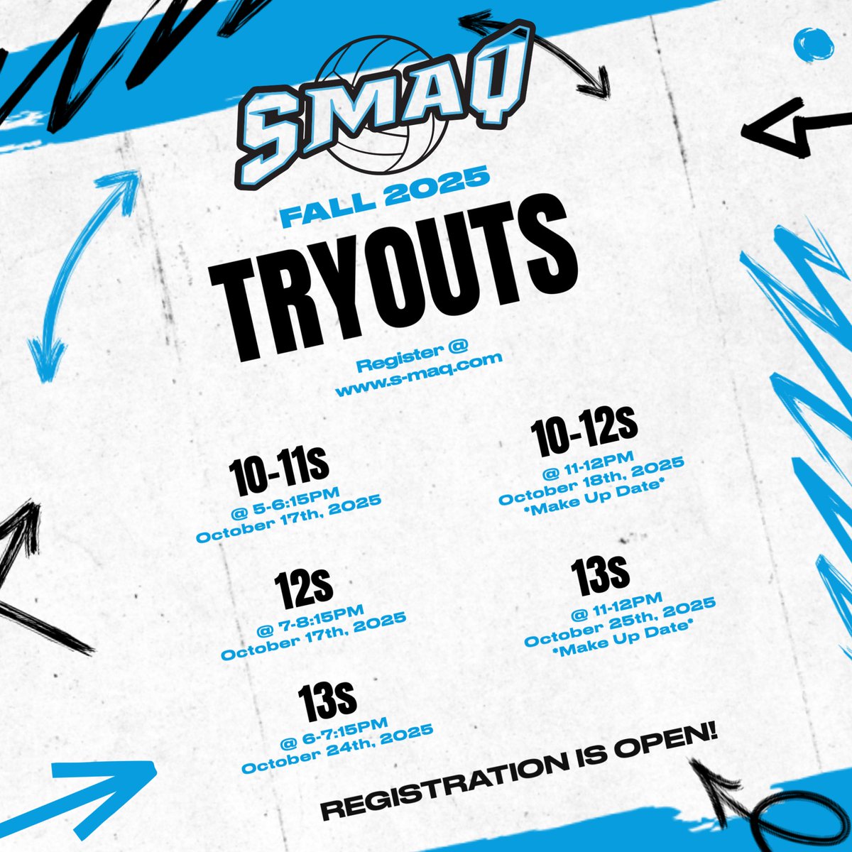 ‼️SAVE THE DATE‼️

SMAQ 2025 Fall 🏐 Tryout registration is OPEN!

Questions: smaqvolleyballclub@yahoo.com