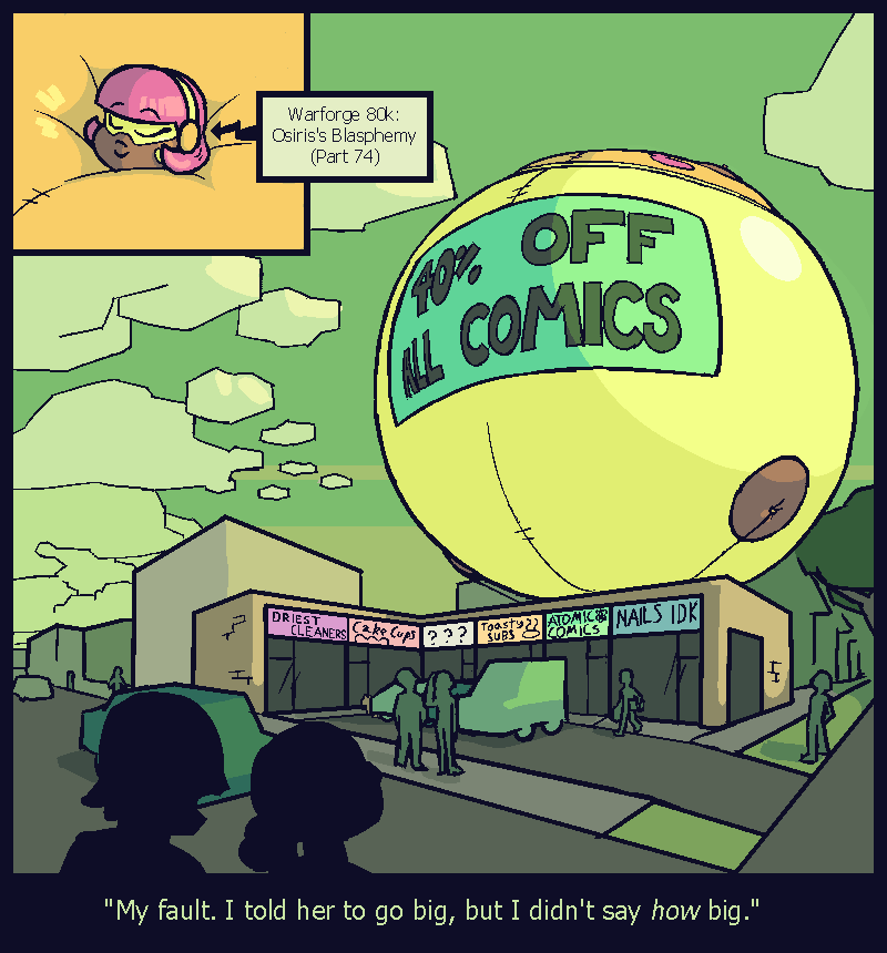 Trying out a new cartoon approach. Eve volunteering as an ad for her local comic store.