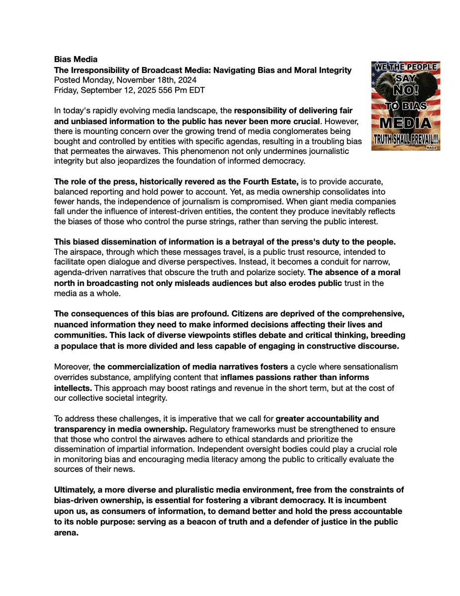 geraldwayne's tweet photo. 🚨The “Charlie Kirk Act” isn’t a law yet, but it’s starting to look like one of those ideas that could easily manifest in today’s political battlefield.

What is it? 👇

It comes from a fiery essay blasting the bias of broadcast media and calling for government-backed transparency in media ownership, oversight boards to monitor bias, and regulations to enforce ‘moral integrity’ in reporting.

In other words: a framework for putting mainstream media under the microscope.

Now think about the current climate:

Trust in corporate media is at historic lows.

Politicians on BOTH sides are weaponizing the “fake news” narrative.

Bills already exist in Congress around platform transparency and tech accountability.

Public appetite for reining in media bias is higher than ever.

Put that together, and you can see the storm forming. ⚡️

The “Charlie Kirk Act”,  once just an essay,  could become a banner cause for lawmakers desperate to prove they’re taking on media corruption. Imagine campaign rallies, TV hits, and viral posts framing it as “finally holding the lying press accountable.”

And here’s the kicker: this isn’t some fringe idea. Oversight, regulation, transparency, these are already creeping into policy drafts. The leap from think-piece to bill is small, especially in a hyperpolarized environment where media narratives can swing elections.

This could be the beginning of a regulatory sledgehammer aimed directly at legacy media, under the branding of “restoring trust.”

It may not be on the floor of Congress today, but the political gravity around it is undeniable. If you think the media wars are hot now… wait until this gets traction. 🔥

#Media #Politics #Accountability