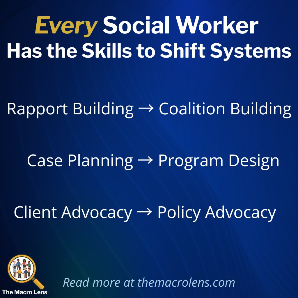 TheMacroLensHQ's tweet image. Think macro requires brand new skills?

Every social worker already has what it takes to shift systems.

Which of your skills have you carried beyond direct practice? ⬇️

themacrolens.com/2025/09/09/fro…

#SocialWorkLeadership #MacroSocialWork 
#systemsthinking