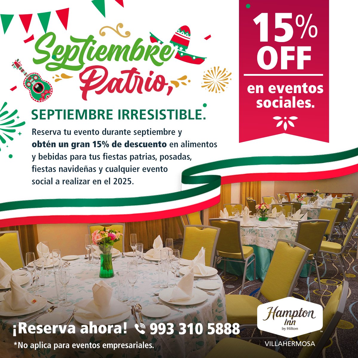 HamptonVilla's tweet photo. Fiestas patrias con sabor a México y a descuentos imperdibles. 🇲🇽✨

Reserva tu evento social durante septiembre y obtén un gran 15% de descuento en tu consumo de alimentos y bebidas. 🥂

Reserva ahora al 📞 993 310 5888
*No aplica para eventos empresariales. https://t.co/isPxCsotqQ