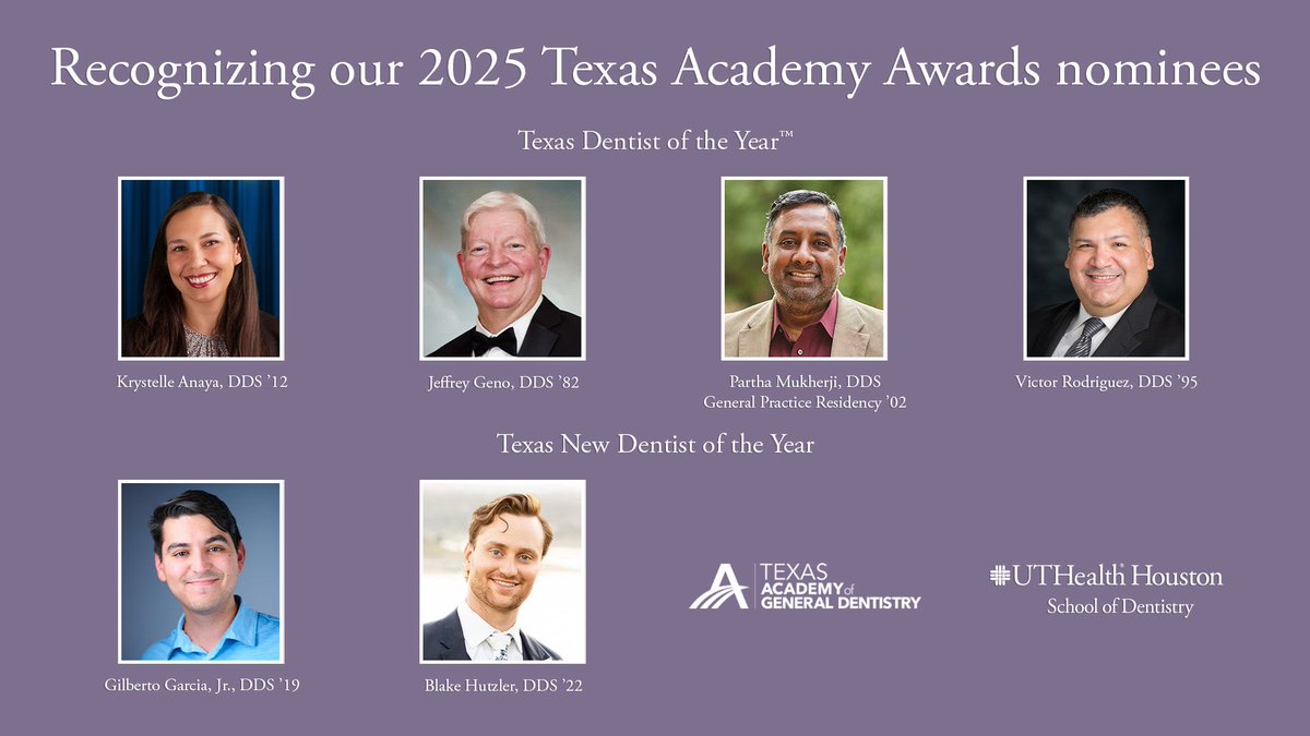 Best of luck to our six UTHealth Houston School of Dentistry alumni at the Texas Academy of General Dentistry’s 2025 Texas Academy Awards up for Texas Dentist of the Year™ and Texas New Dentist of the Year.

Read more at Go.uth.edu/TAANom.

#WeAreUTSD #UTHealthHouston