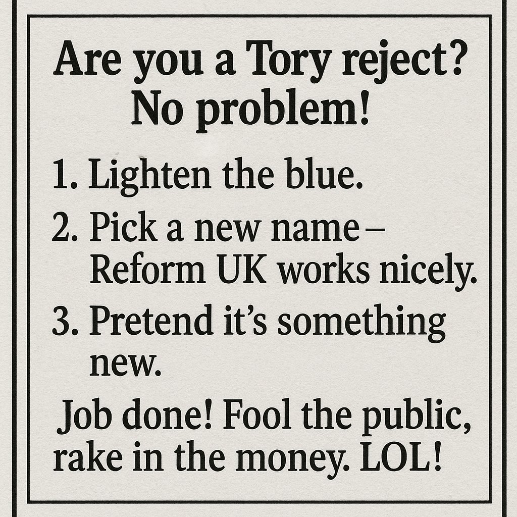 AbolishWestmin's tweet image. The Tories wreck the country, then try to rebrand as something “new” – Reform UK. Same faces. Same policies. Same disaster.

Don’t be fooled by a lighter shade of blue!

Time for real change – time to build a Wales that works for us, not recycled Tory cast-offs. Vote Plaid Cymru!